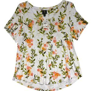 JM Collection Womens Plus 1X Floral White & Orange Short Sleeve V-Neck Tee Top R